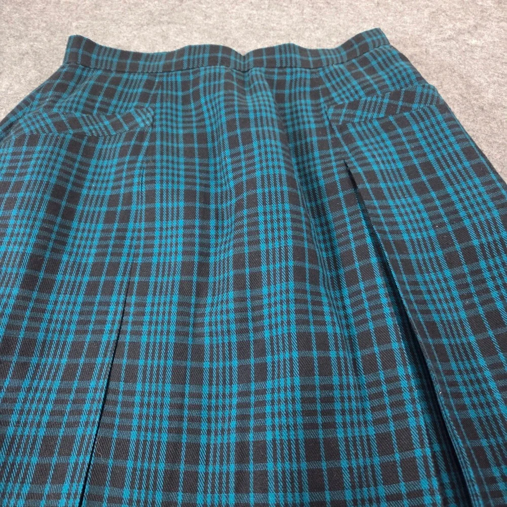 Pendleton Wool Plaid Skirt Teal Black Pleated A-Line Button Hem Vintage Style